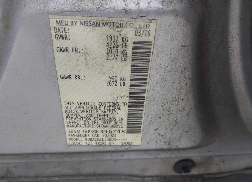 Photo 9 of 2016 Nissan Altima 2.5/2.5 S/2.5 SL/2.5 SR/2.5 SV (VIN 1N4AL3AP3GN346748)