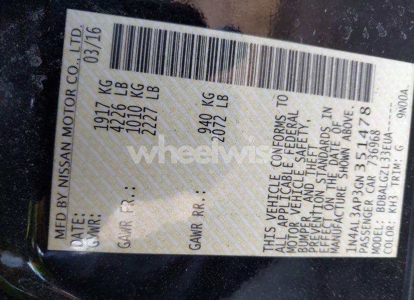 Photo 9 of 2016 Nissan Altima 2.5/2.5 S/2.5 SL/2.5 SR/2.5 SV (VIN 1N4AL3AP3GN351478)