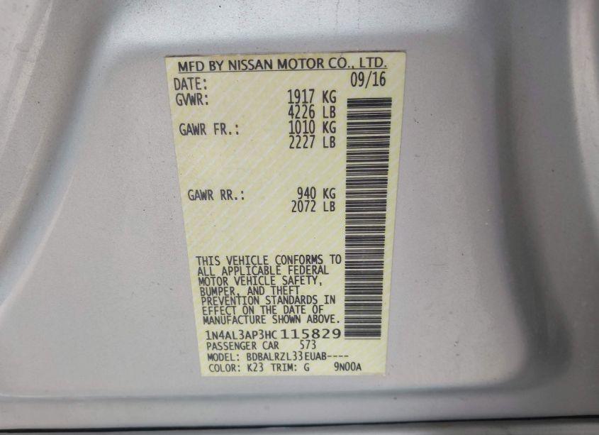 Photo 9 of 2017 Nissan Altima 2.5/2.5 S/2.5 SL/2.5 SR/2.5 SV (VIN 1N4AL3AP3HC115829)