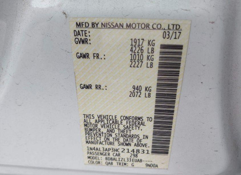 Photo 9 of 2017 Nissan Altima 2.5 SV (VIN 1N4AL3AP3HC214831)