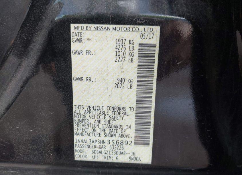 Photo 9 of 2017 Nissan Altima 2.5 S (VIN 1N4AL3AP3HN356892)