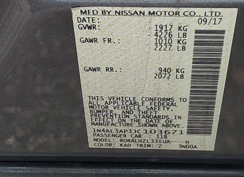 Photo 9 of 2018 Nissan Altima 2.5 SR (VIN 1N4AL3AP3JC103671)