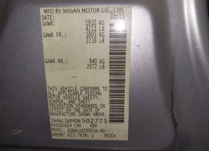 Photo 9 of 2013 Nissan Altima 2.5 SL (VIN 1N4AL3AP4DN502775)