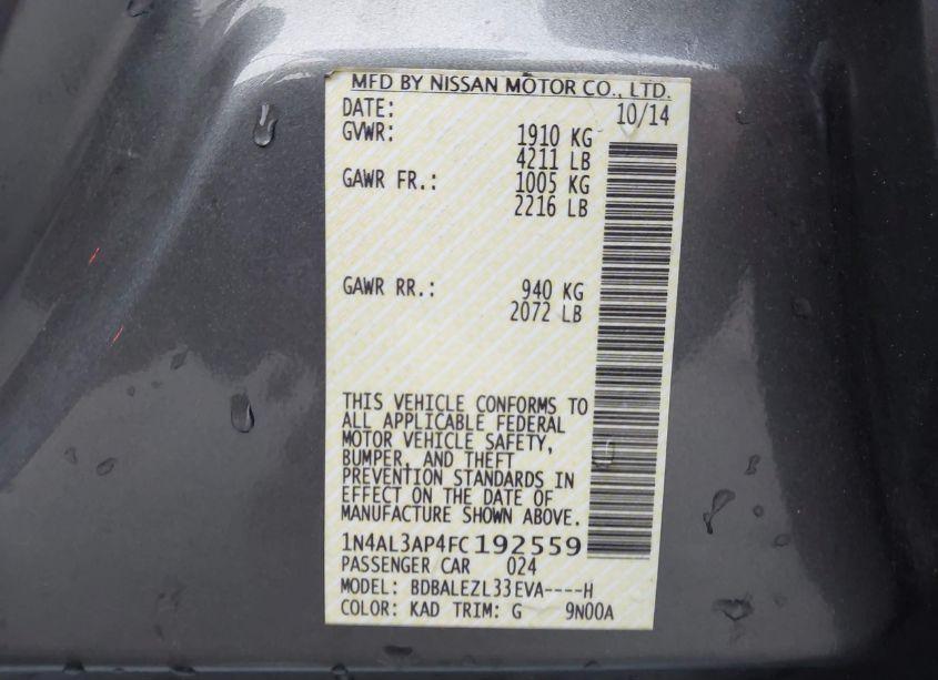 Photo 9 of 2015 Nissan Altima 2.5 S (VIN 1N4AL3AP4FC192559)