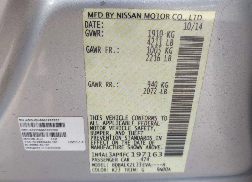 Photo 9 of 2015 Nissan Altima 2.5 SV (VIN 1N4AL3AP4FC197163)