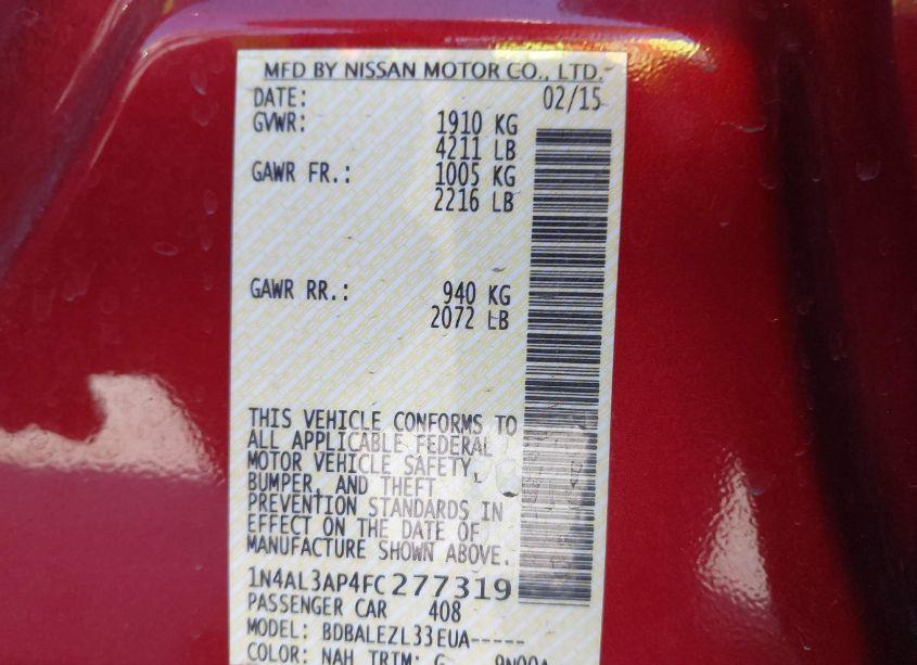 Photo 9 of 2015 Nissan Altima 2.5/2.5 S/2.5 SL/2.5 SV (VIN 1N4AL3AP4FC277319)