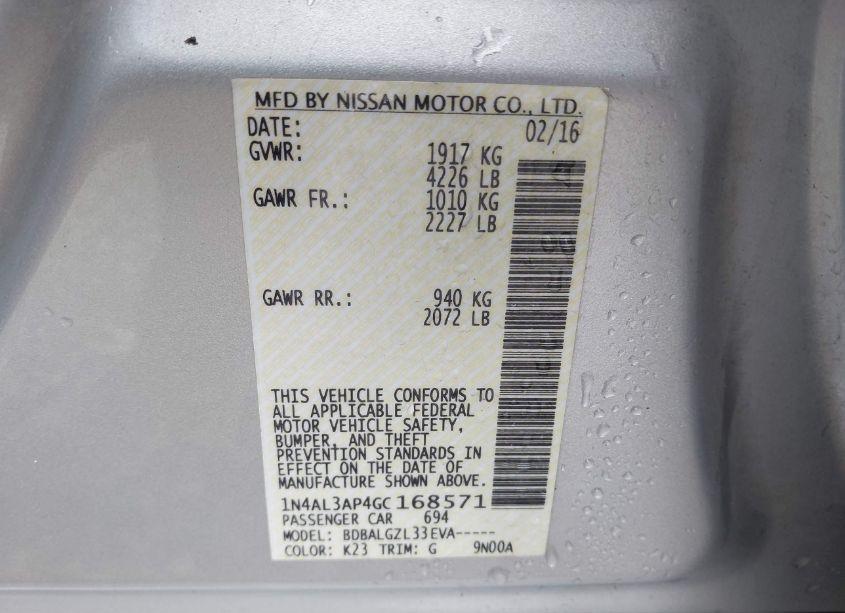 Photo 9 of 2016 Nissan Altima 2.5/2.5 S/2.5 SL/2.5 SR/2.5 SV (VIN 1N4AL3AP4GC168571)