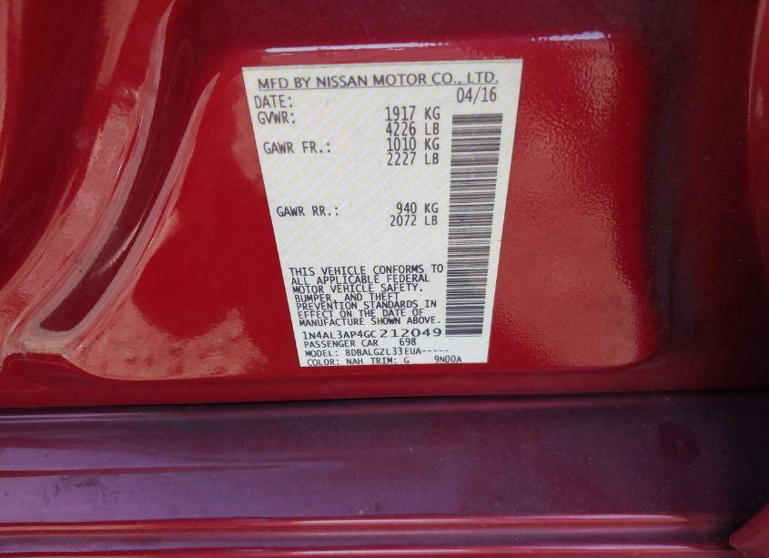 Photo 9 of 2016 Nissan Altima 2.5/2.5 S/2.5 SL/2.5 SR/2.5 SV (VIN 1N4AL3AP4GC212049)