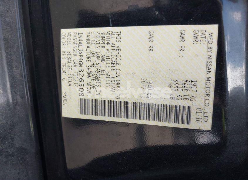 Photo 9 of 2016 Nissan Altima 2.5/2.5 S/2.5 SL/2.5 SR/2.5 SV (VIN 1N4AL3AP4GN326508)