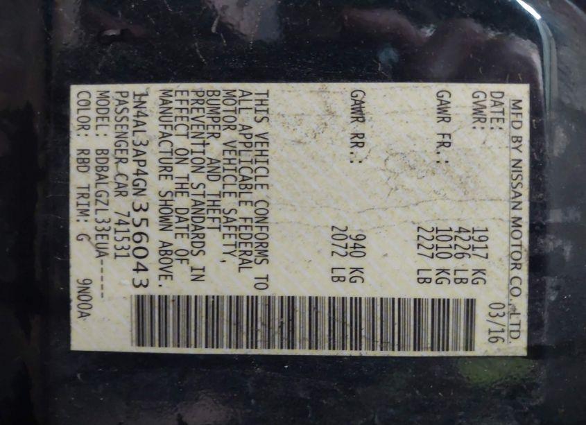 Photo 9 of 2016 Nissan Altima 2.5/2.5 S/2.5 SL/2.5 SR/2.5 SV (VIN 1N4AL3AP4GN356043)