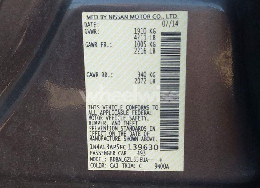 Photo 9 of 2015 Nissan Altima 2.5 S (VIN 1N4AL3AP5FC139630)