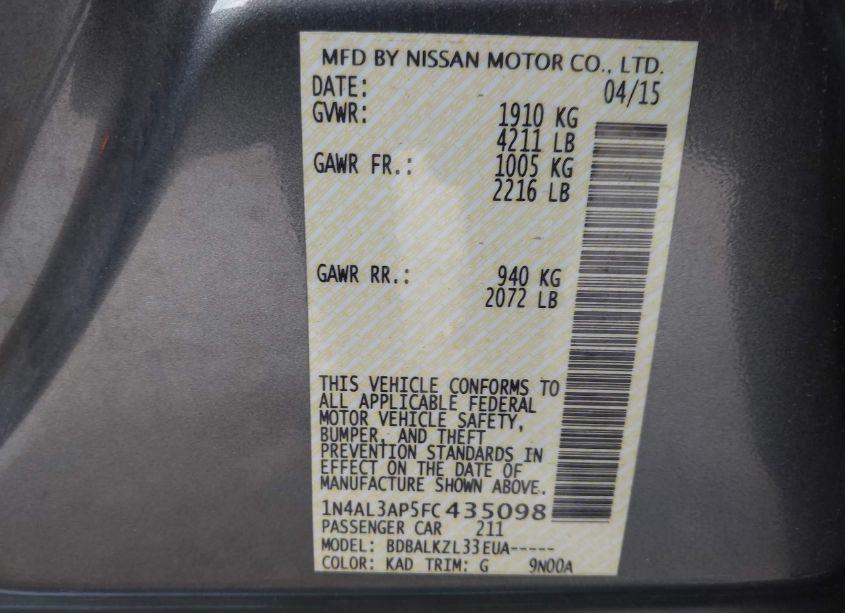 Photo 9 of 2015 Nissan Altima 2.5/2.5 S/2.5 SL/2.5 SV (VIN 1N4AL3AP5FC435098)