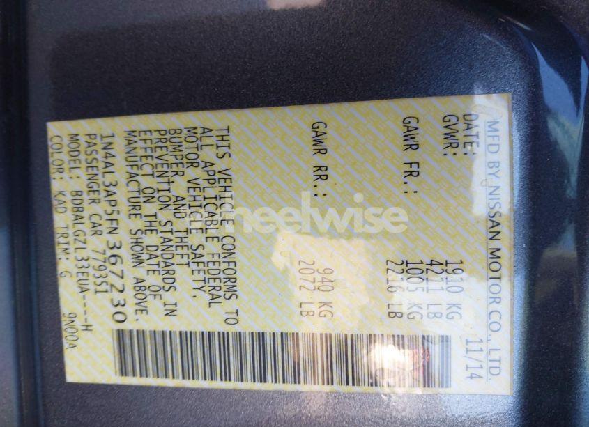 Photo 9 of 2015 Nissan Altima 2.5 S (VIN 1N4AL3AP5FN367230)