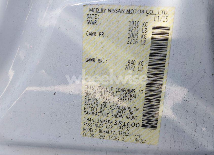 Photo 9 of 2015 Nissan Altima 2.5 SL (VIN 1N4AL3AP5FN381600)