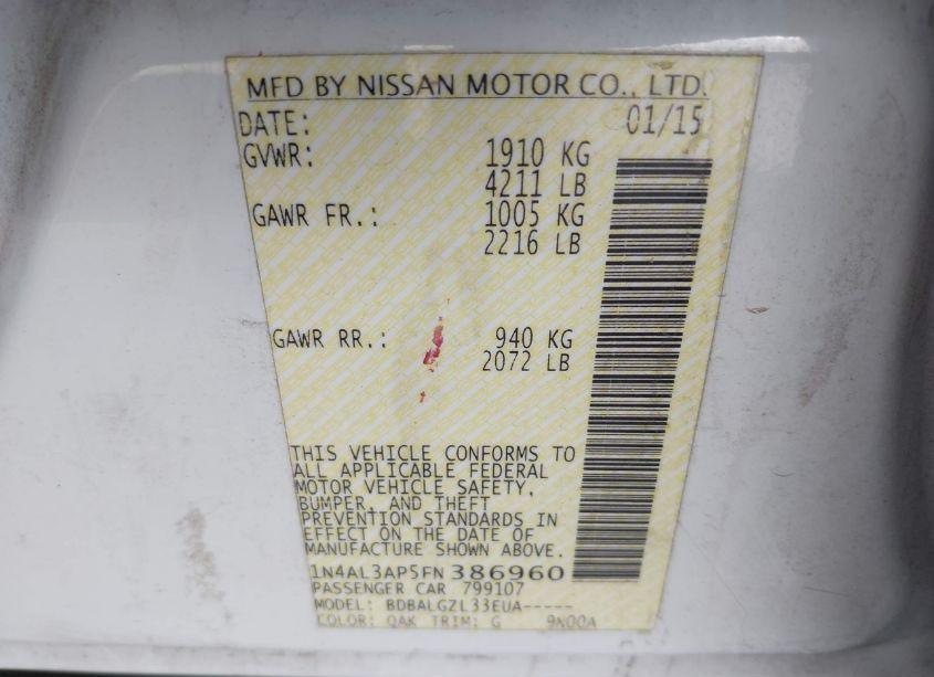 Photo 9 of 2015 Nissan Altima 2.5/2.5 S/2.5 SL/2.5 SV (VIN 1N4AL3AP5FN386960)