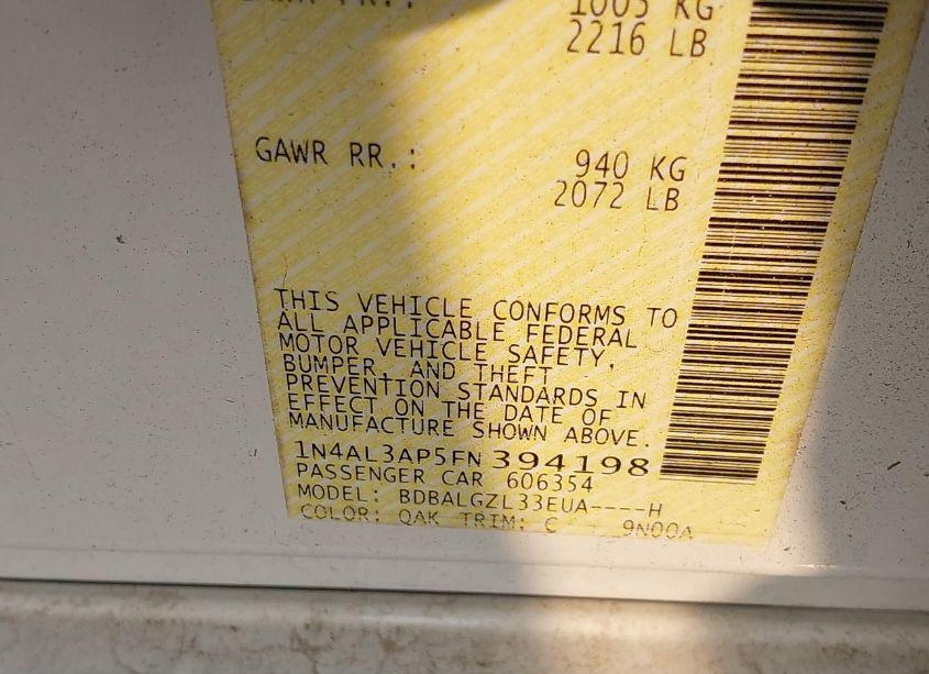 Photo 9 of 2015 Nissan Altima 2.5 S (VIN 1N4AL3AP5FN394198)