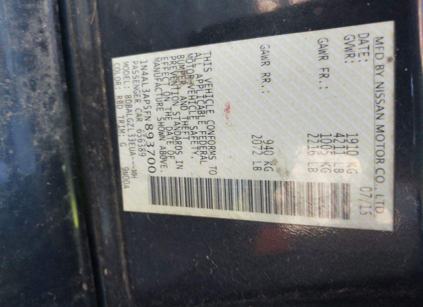 Photo 9 of 2015 Nissan Altima 2.5 S (VIN 1N4AL3AP5FN893700)