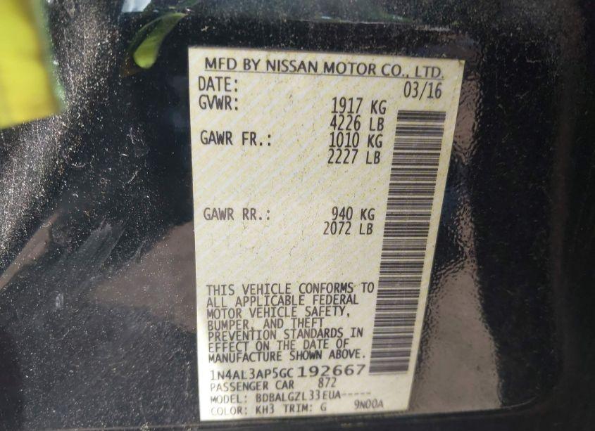 Photo 9 of 2016 Nissan Altima 2.5/2.5 S/2.5 SL/2.5 SR/2.5 SV (VIN 1N4AL3AP5GC192667)