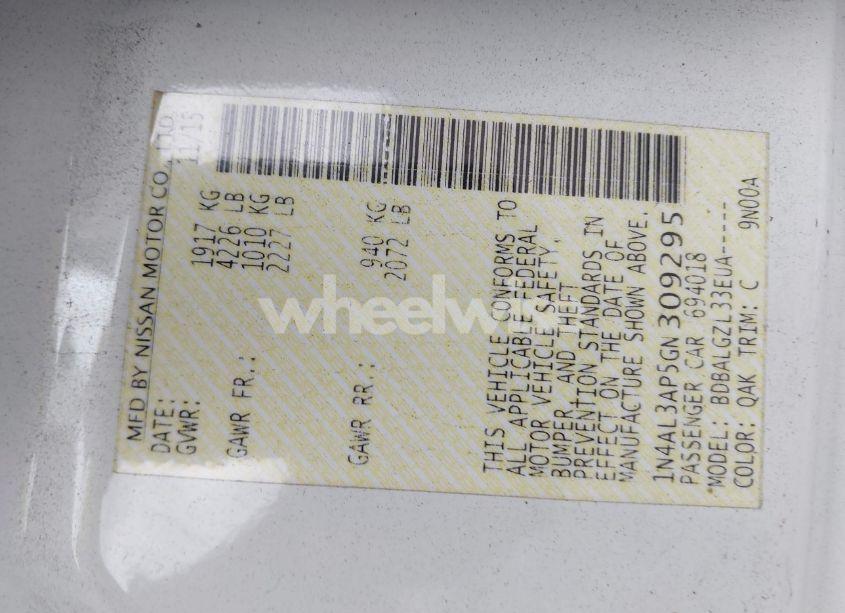 Photo 9 of 2016 Nissan Altima 2.5/2.5 S/2.5 SL/2.5 SR/2.5 SV (VIN 1N4AL3AP5GN309295)