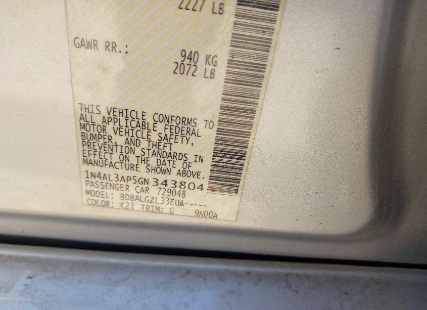 Photo 9 of 2016 Nissan Altima 2.5/2.5 S/2.5 SL/2.5 SR/2.5 SV (VIN 1N4AL3AP5GN343804)