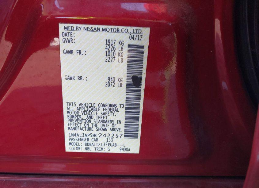 Photo 9 of 2017 Nissan Altima 2.5 SV (VIN 1N4AL3AP5HC242257)