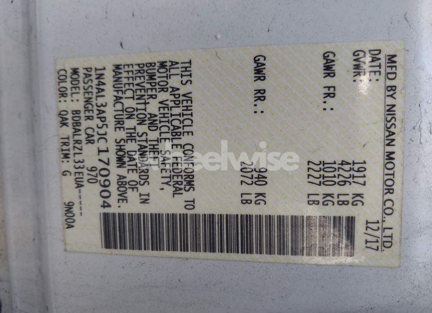 Photo 9 of 2018 Nissan Altima 2.5 SL (VIN 1N4AL3AP5JC170904)