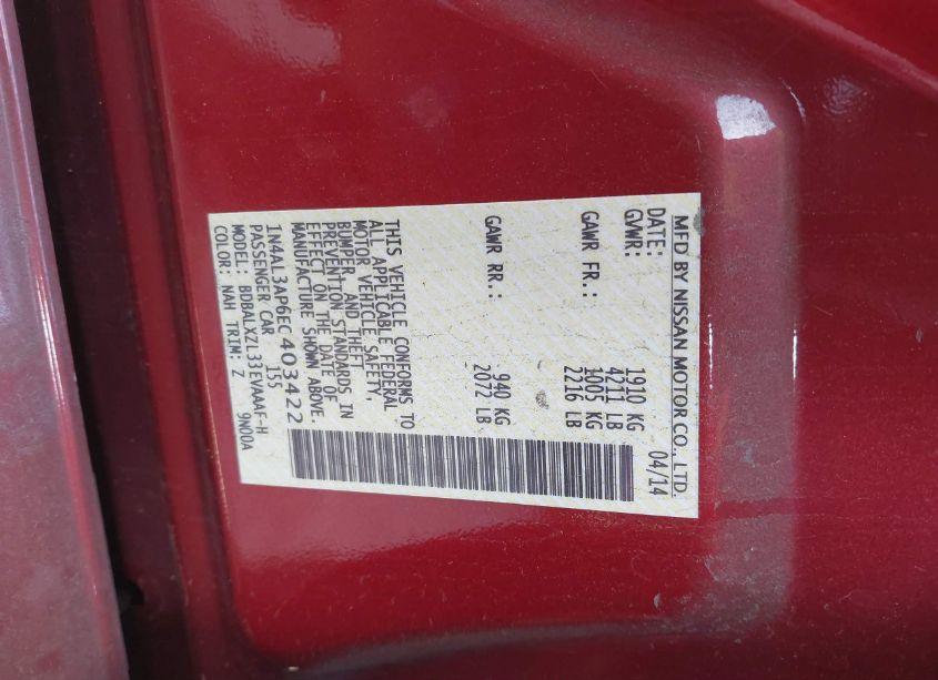 Photo 9 of 2014 Nissan Altima 2.5 SL (VIN 1N4AL3AP6EC403422)