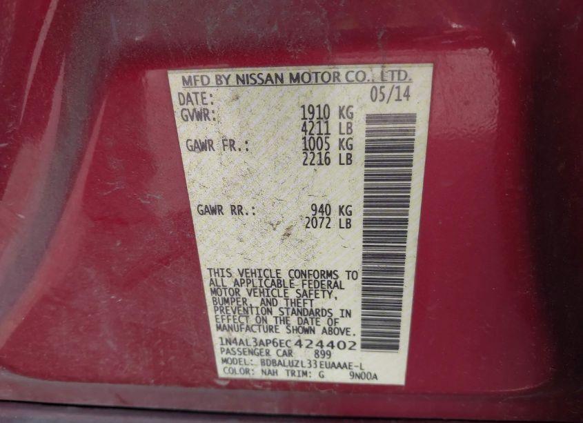 Photo 9 of 2014 Nissan Altima 2.5 SV (VIN 1N4AL3AP6EC424402)