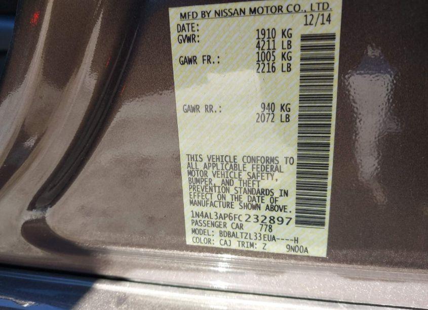 Photo 9 of 2015 Nissan Altima 2.5 SL (VIN 1N4AL3AP6FC232897)