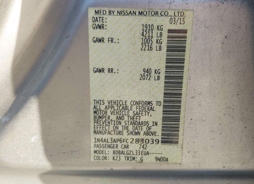 Photo 9 of 2015 Nissan Altima 2.5/2.5 S/2.5 SL/2.5 SV (VIN 1N4AL3AP6FC283039)