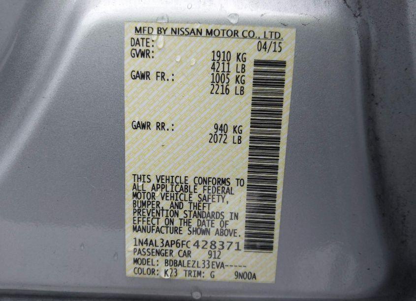 Photo 9 of 2015 Nissan Altima (VIN 1N4AL3AP6FC428371)