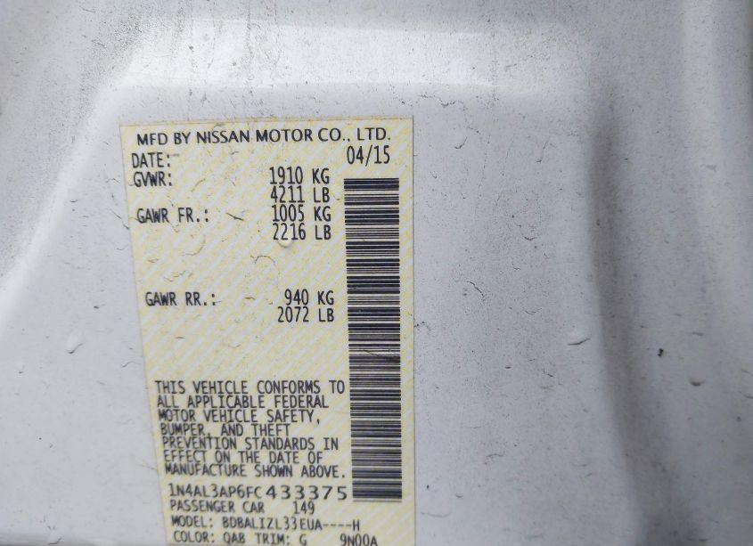 Photo 9 of 2015 Nissan Altima 2.5 SV (VIN 1N4AL3AP6FC433375)