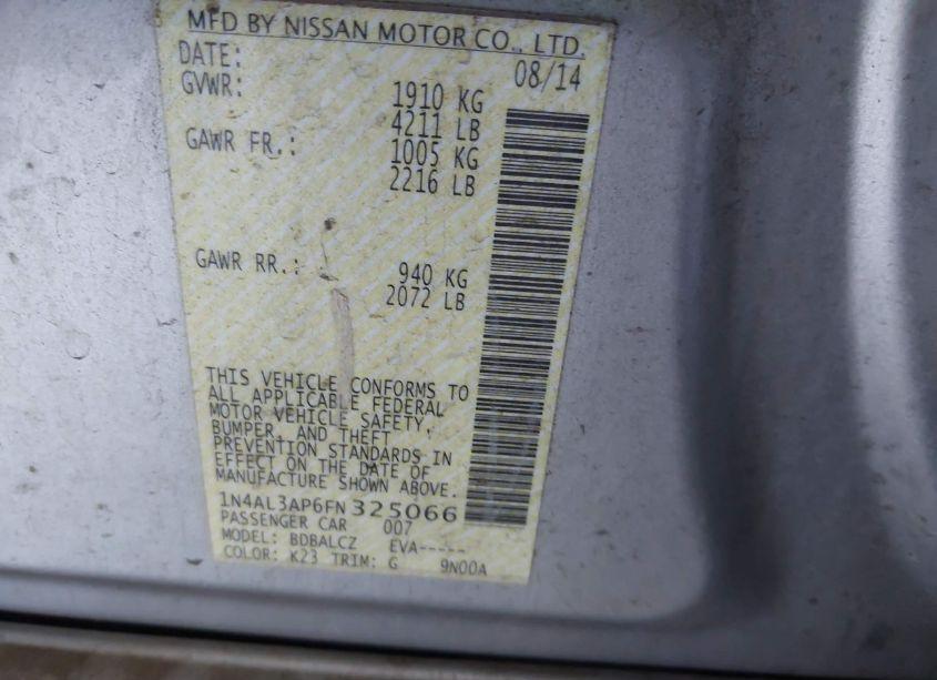 Photo 9 of 2015 Nissan Altima 2.5/2.5 S/2.5 SL/2.5 SV (VIN 1N4AL3AP6FN325066)