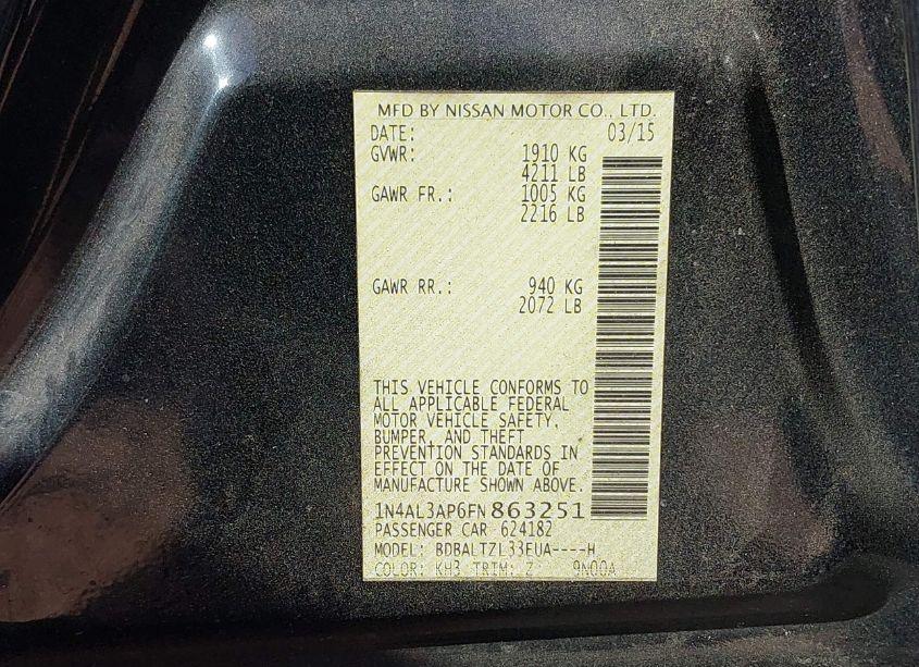 Photo 9 of 2015 Nissan Altima 2.5 SL (VIN 1N4AL3AP6FN863251)