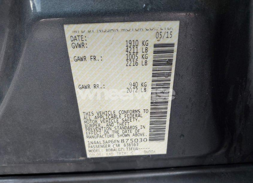 Photo 9 of 2015 Nissan Altima 2.5/2.5 S/2.5 SL/2.5 SV (VIN 1N4AL3AP6FN875030)