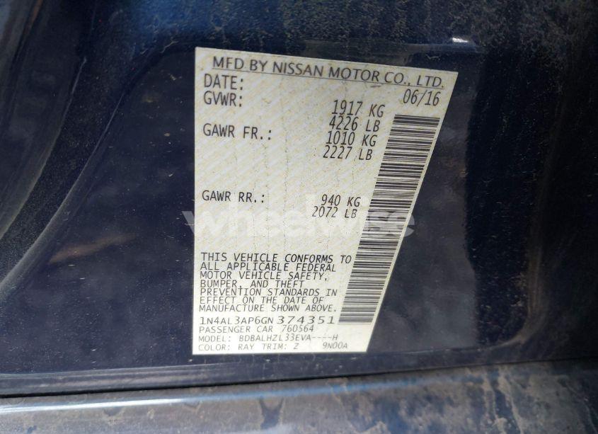 Photo 9 of 2016 Nissan Altima 2.5 SR (VIN 1N4AL3AP6GN374351)