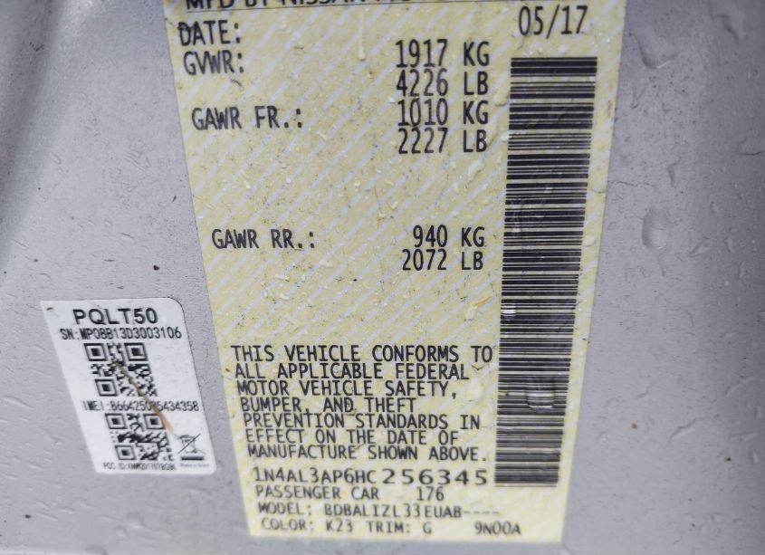 Photo 9 of 2017 Nissan Altima 2.5 SV (VIN 1N4AL3AP6HC256345)