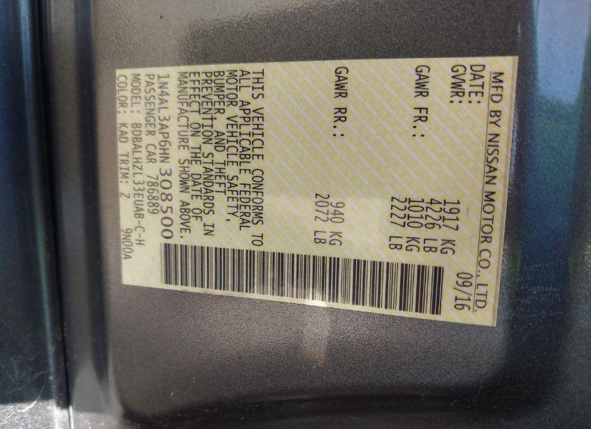 Photo 9 of 2017 Nissan Altima 2.5 SR (VIN 1N4AL3AP6HN308500)