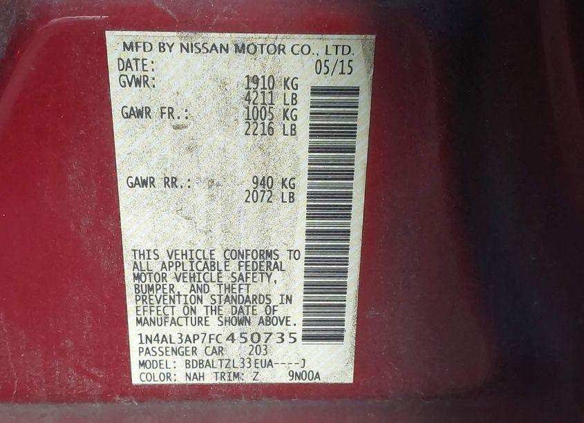 Photo 9 of 2015 Nissan Altima 2.5 SL (VIN 1N4AL3AP7FC450735)