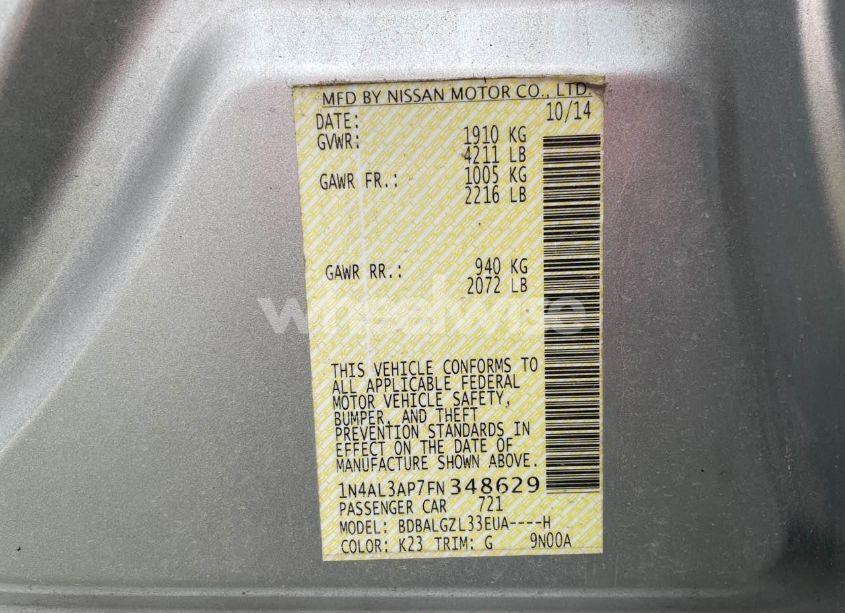 Photo 9 of 2015 Nissan Altima 2.5/S/SV/SL (VIN 1N4AL3AP7FN348629)