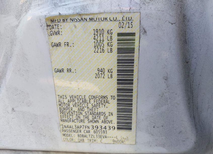 Photo 9 of 2015 Nissan Altima 2.5 SL (VIN 1N4AL3AP7FN393439)