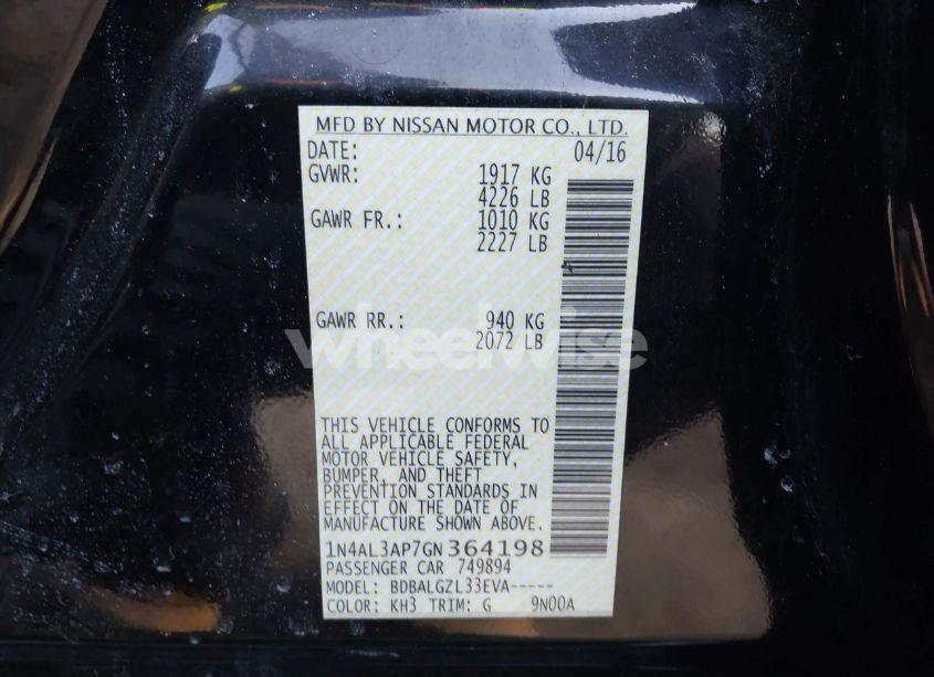 Photo 9 of 2016 Nissan Altima 2.5/2.5 S/2.5 SL/2.5 SR/2.5 SV (VIN 1N4AL3AP7GN364198)