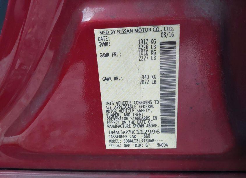 Photo 9 of 2017 Nissan Altima 2.5/2.5 S/2.5 SL/2.5 SR/2.5 SV (VIN 1N4AL3AP7HC112996)