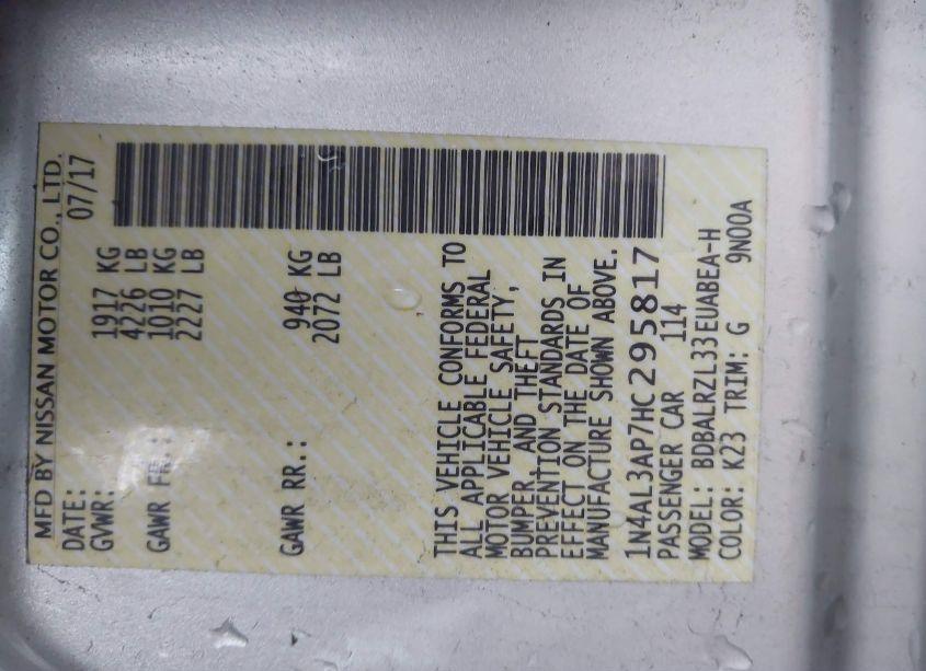 Photo 9 of 2017 Nissan Altima 2.5 SL (VIN 1N4AL3AP7HC295817)