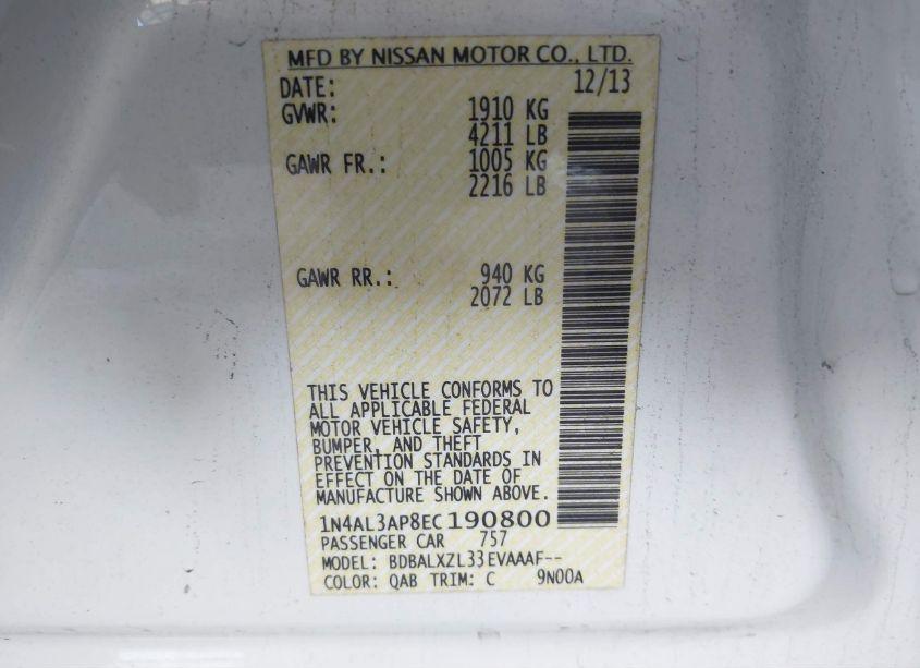 Photo 9 of 2014 Nissan Altima 2.5 SL (VIN 1N4AL3AP8EC190800)