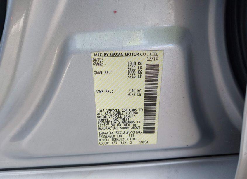 Photo 9 of 2015 Nissan Altima 2.5/2.5 S/2.5 SL/2.5 SV (VIN 1N4AL3AP8FC237096)