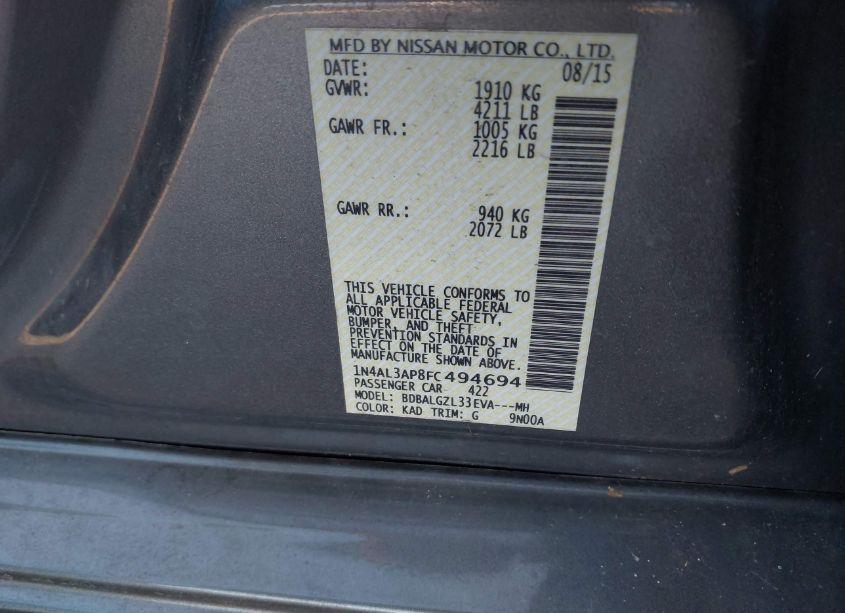 Photo 9 of 2015 Nissan Altima 2.5 S (VIN 1N4AL3AP8FC494694)