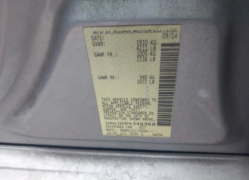 Photo 9 of 2015 Nissan Altima 2.5/2.5 S/2.5 SL/2.5 SV (VIN 1N4AL3AP8FN346968)