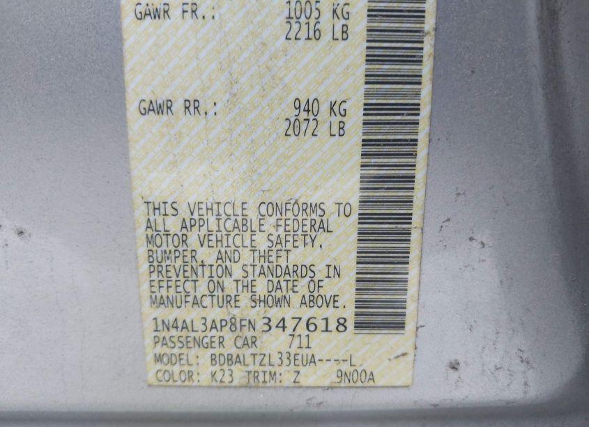 Photo 9 of 2015 Nissan Altima 2.5 SL (VIN 1N4AL3AP8FN347618)