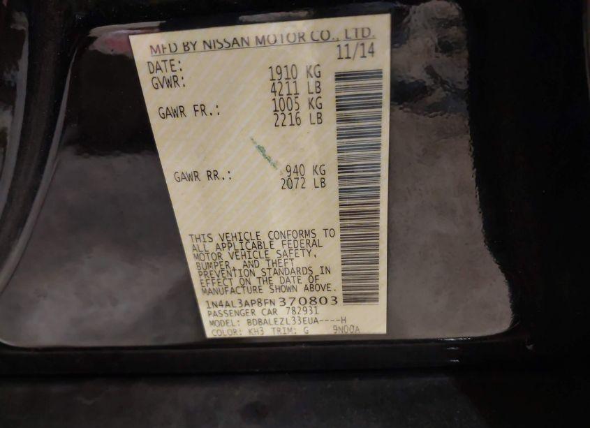 Photo 9 of 2015 Nissan Altima 2.5 S (VIN 1N4AL3AP8FN370803)